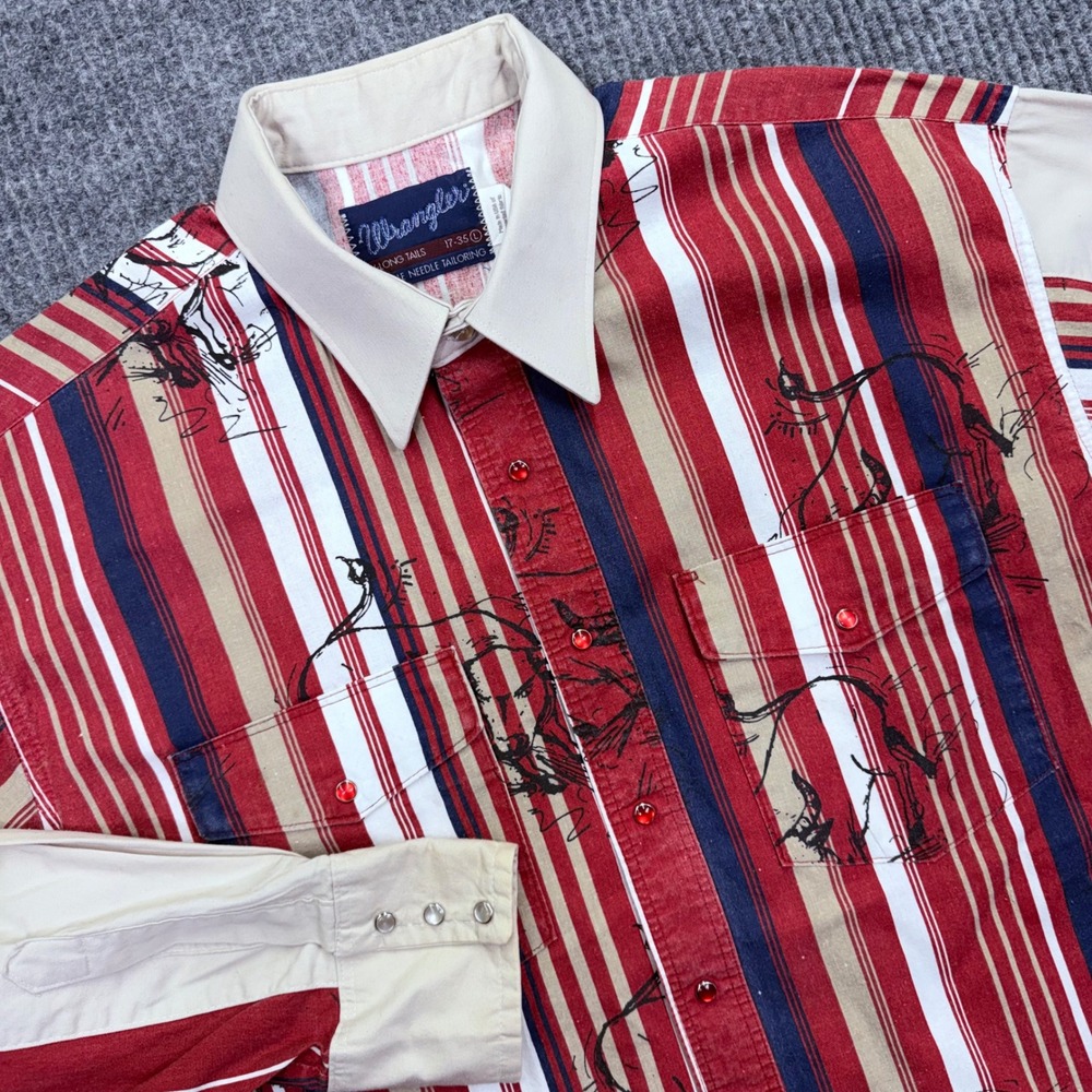 Wrangler Brushpopper Western Snap Shirt Mens 17-35 L Red Striped Bull Rider USA